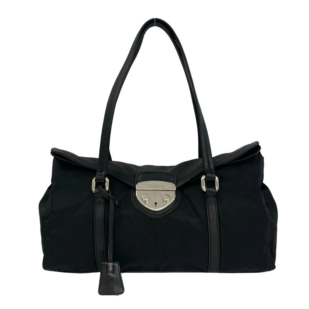 PRADA Triangle Logo Hardware Tessuto Pocono Nylon Leather Tote Bag Semi Shoul...